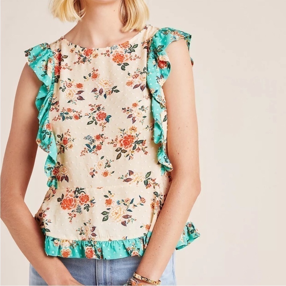 FARM Rio Cream Floral Ruffle Top with Teal Trim